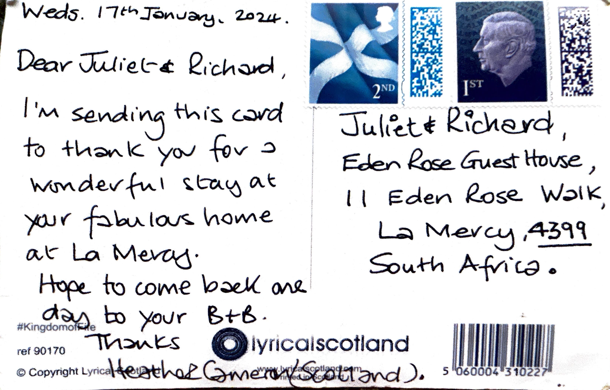 Heather's testimonial card from Scotland